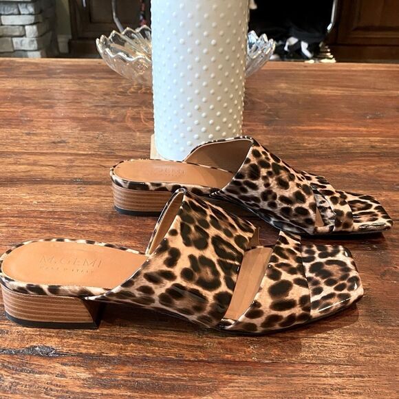 M Gemi Patent Leather Camel Leopard Print Slip-On Sandals Sz 8 (38.5) Italy EUC! - Picture 7 of 7